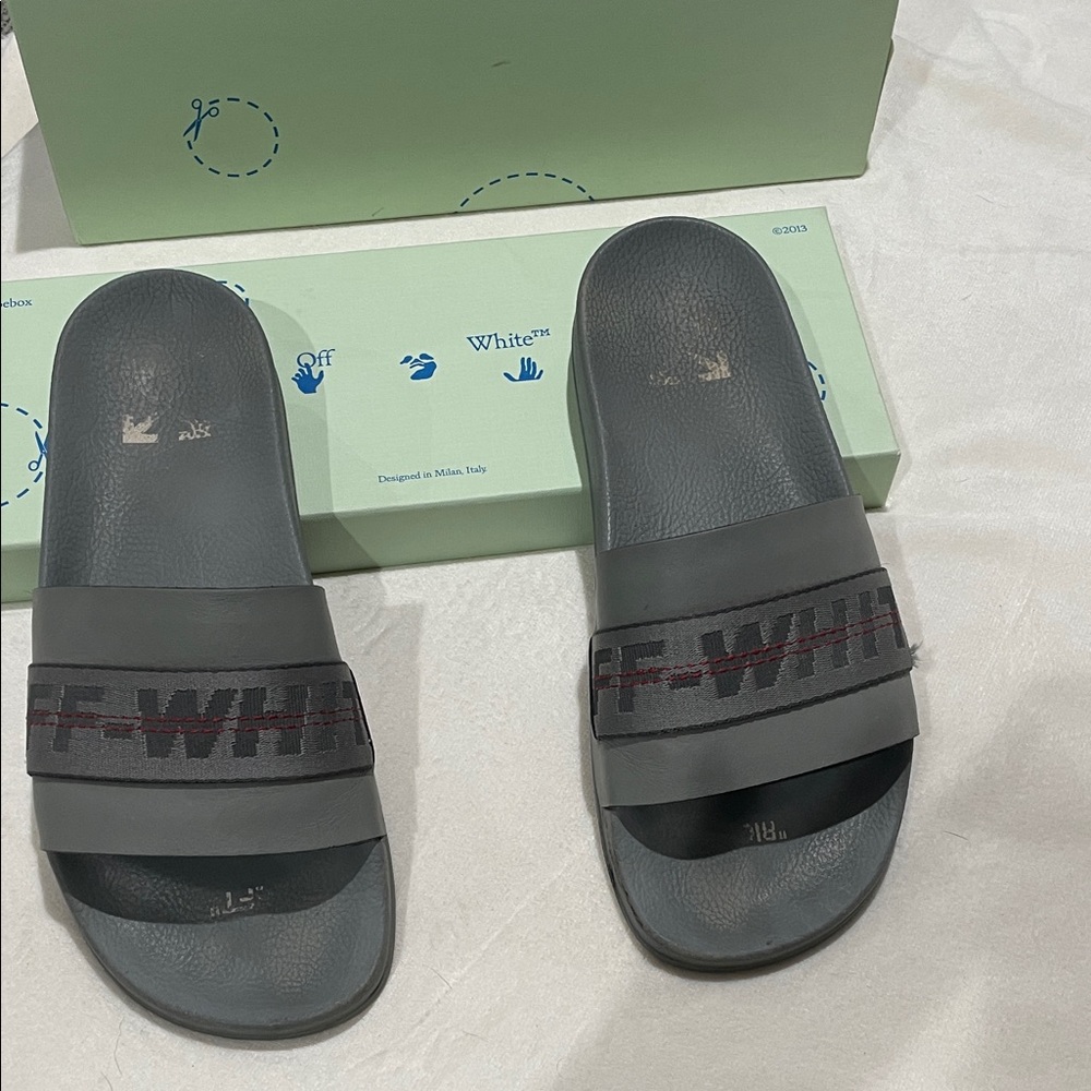 Off-White Charcoal Slides with Red Accents